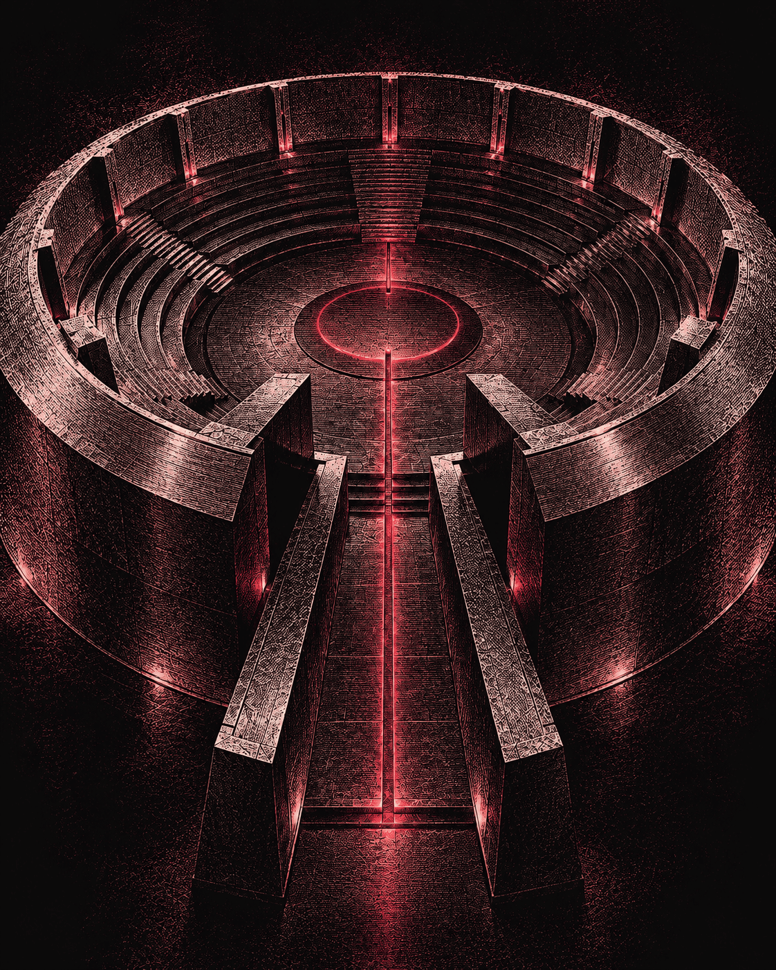 Ilustración de una arena en carbón y borgoña, con textura de grabado y un recorrido rojo hacia el centro.